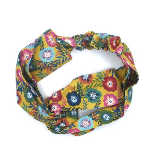 Bandeau femme fleurs multicolores jaune ocre moutarde en coton 57 cm