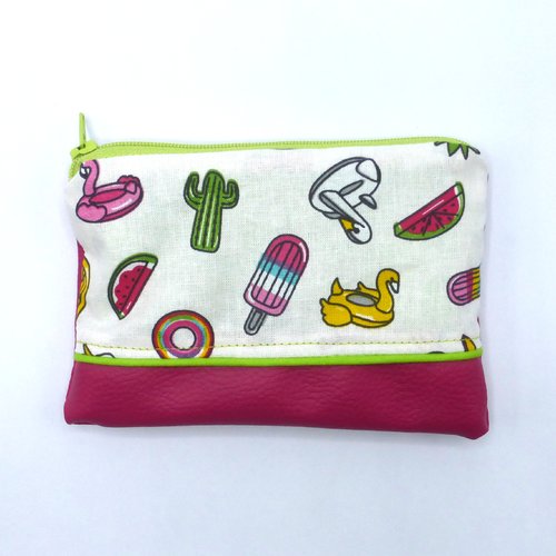 Grand porte monnaie été bouées glaces cactus vert rose fuchsia multicolore en coton et simili-cuir