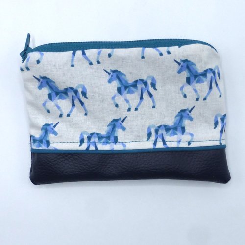 Grand porte monnaie licornes origami bleu turquoise pétrole marine en coton et simili-cuir