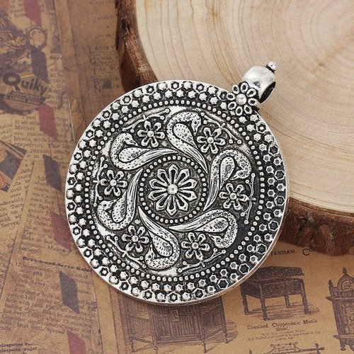 Pendentif n°000 style bohème en alliage rond fleur argent vieilli 71 mm x 59 mm