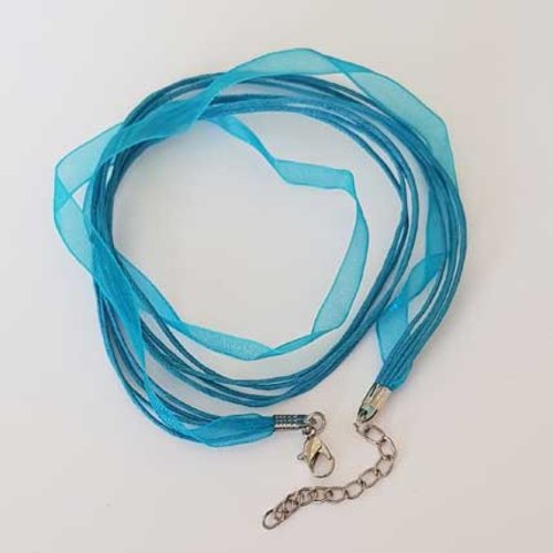 Collier ruban tour de cou organza n°09 et cordon enduit ciré bleu