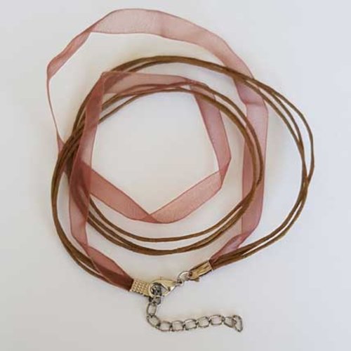 Collier ruban tour de cou organza n°11 et cordon enduit ciré marron