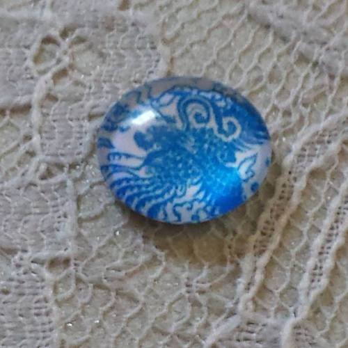 Cabochon rond en verre 12mm fleur bleu 002 