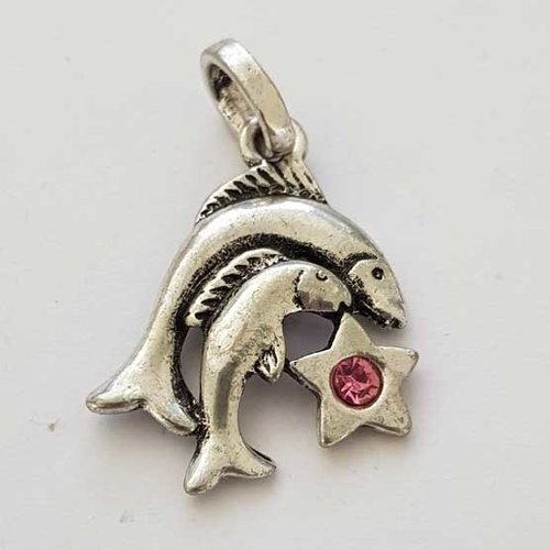 Breloque signe zodiaque poisson métal argenté n°03 avec strass