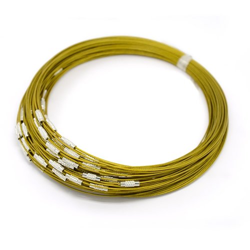 1 collier tour de cou fil câblé rigide vert jaune fermoir à visser n°01