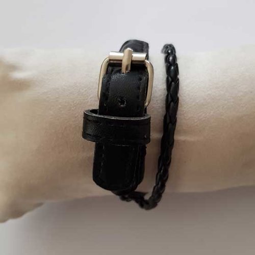Support bracelet réglable 2 tours tressé rond noir simili cuir 41 cm