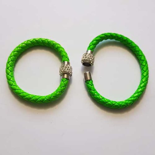 Bracelet simili cuir vert fluo fermoir aimanté strass