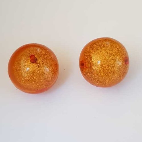 Perle ronde en plastique orange feuille d'or 24 mm