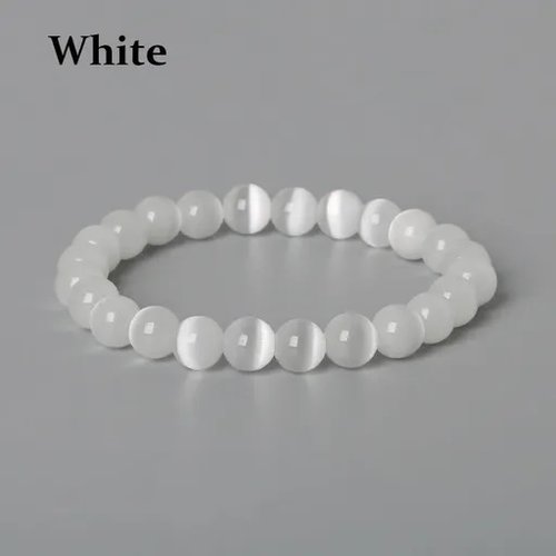 Bracelet perle 10 mm blanc œil de chat rond pierre naturelle