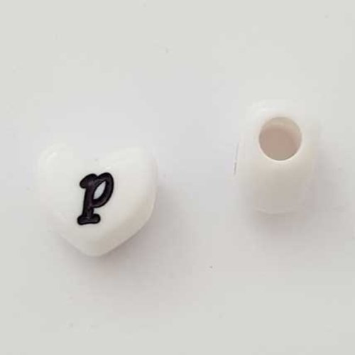 Perle cœur lettre p blanc noir 11mm