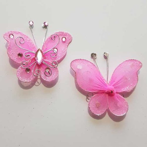 Lot de 2 papillons tissus et strass rose pâle