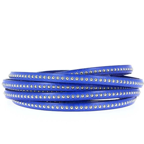 Bracelet cuir 06 mm chaîne bille bleu cobalt ajustable au poignet