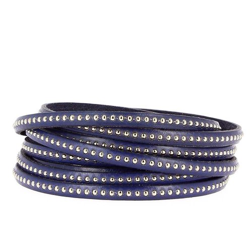 Bracelet cuir 06 mm chaîne bille bleu cobalt foncé ajustable au poignet