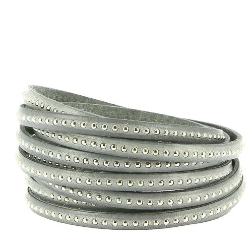 Bracelet cuir 06 mm chaîne bille gris ajustable au poignet