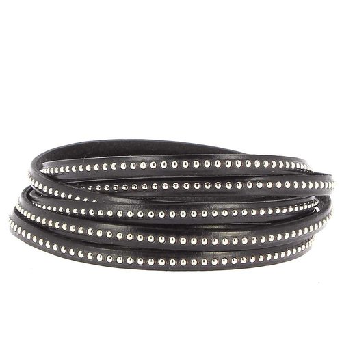 Bracelet cuir 06 mm chaîne bille noir ajustable au poignet