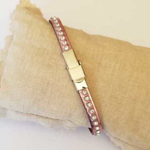 Bracelet cuir 06 mm rose strass swarovski ajustable au poignet