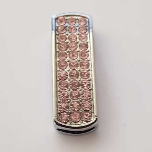 Perle passant rectangle pour cuir 08 mm argent et strass n°01