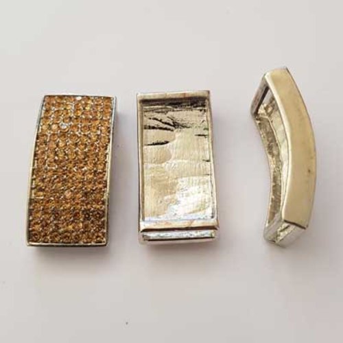 Perle passant rectangle pour cuir 16 mm doré et strass n°03