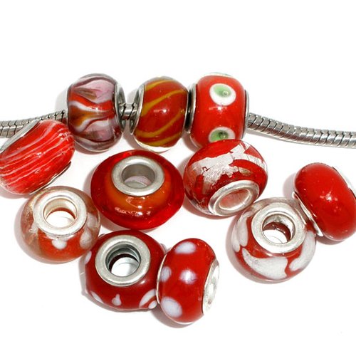 10 perles européens n°0000 rouge assorties