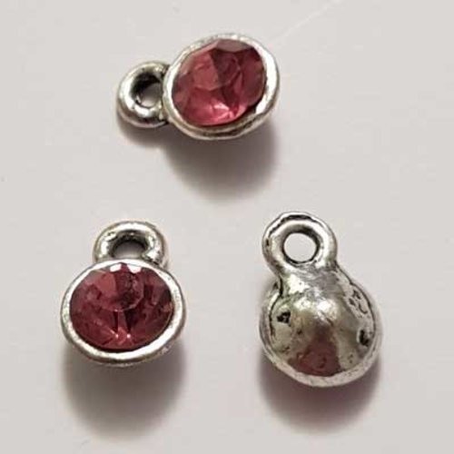 Breloque strass rose 01 et métal argenté 11 x 7 mm