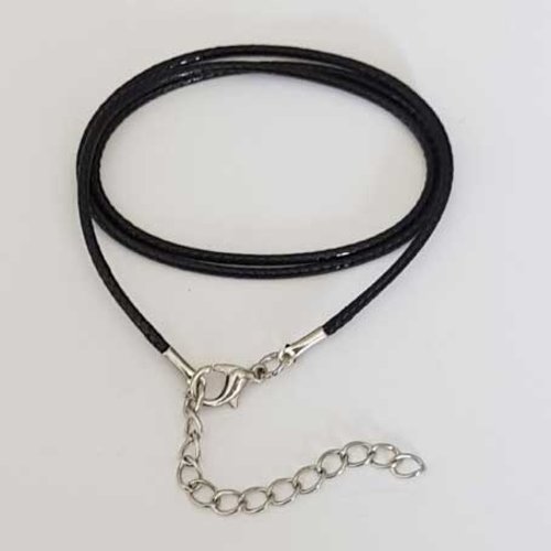 Collier cordon ciré gainé noir de 45 cm + 5 cm de chainette fermoir mousqueton