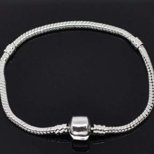 Bracelet clip serpent européen 17 cm fermoir clip lisse argent vieilli