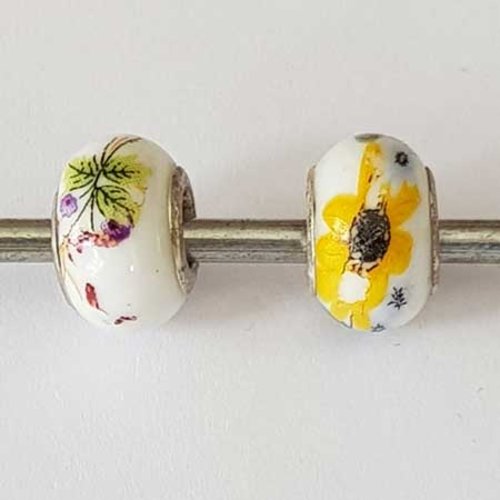 Perle n°1053 lot 2 pièces compatible style pandora grand trou ronde en verre