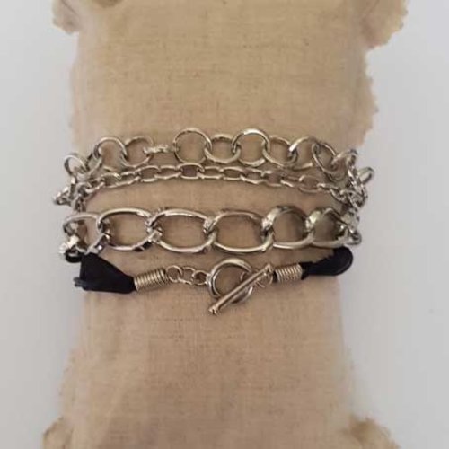 Bracelet double n°000 chaine et ruban organza noir fermoir toggle