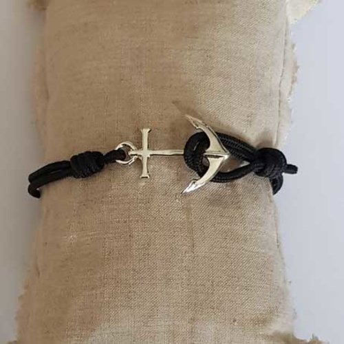Bracelet ancre de marine noir et argent réglable selon la taille du poignet