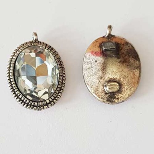 Pendentif breloque ovale argent et strass facetté 25 x 17 mm