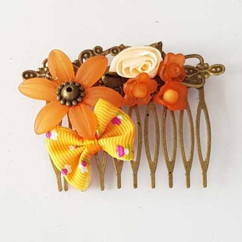 Broche peigne cheveux bronze 65 x 46 mm fleur plastique et nœud tissus n°02