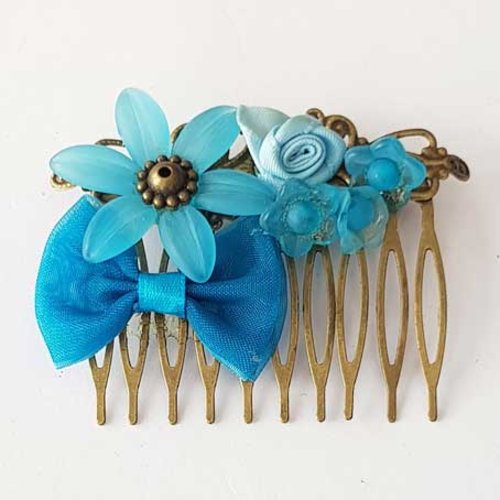 Broche peigne cheveux bronze 65 x 46 mm fleur plastique et nœud tissus n°03