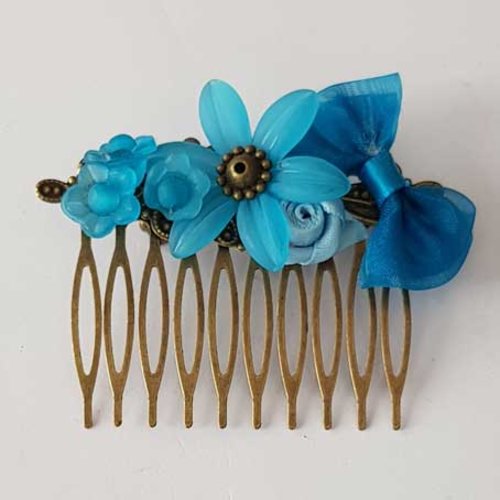 Broche peigne cheveux bronze 65 x 46 mm fleur plastique et nœud tissus n°04