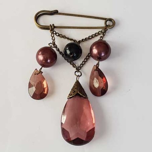 Broche epingle bronze 70 mm chaine perle et pampille facetté n°07