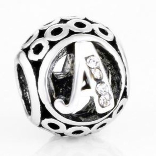 Perle ronde et strass alphabet 01 lettre a métal argenté 10 x 11 mm compatible européen style pandora