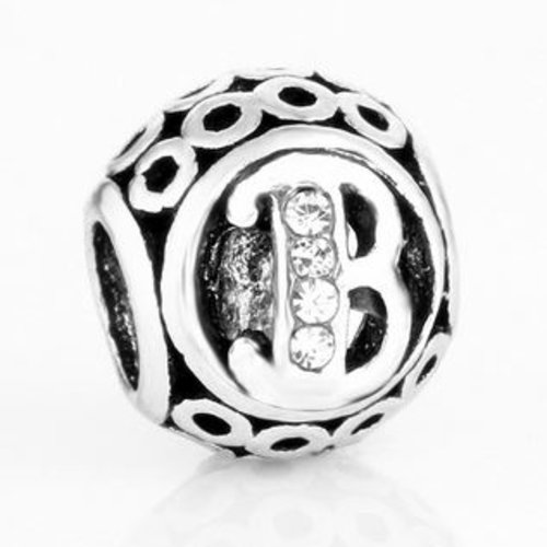 Perle ronde et strass alphabet 01 lettre b métal argenté 10 x 11 mm compatible européen style pandora