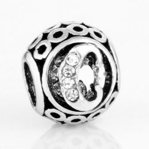 Perle ronde et strass alphabet 01 lettre c métal argenté 10 x 11 mm compatible européen style pandora
