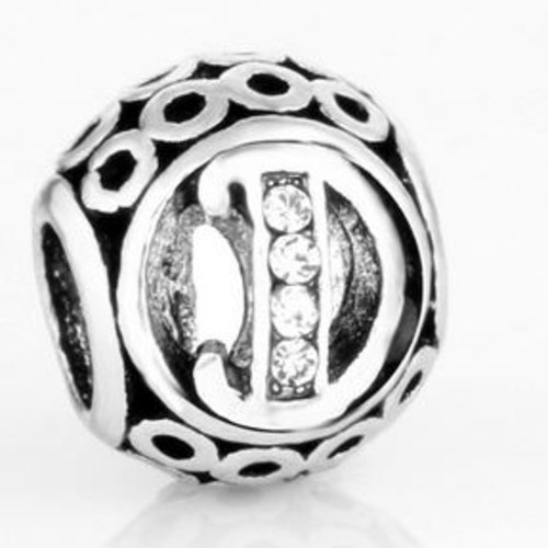 Perle ronde et strass alphabet 01 lettre d métal argenté 10 x 11 mm compatible européen style pandora