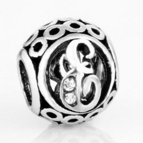 Perle ronde et strass alphabet 01 lettre e métal argenté 10 x 11 mm compatible européen style pandora
