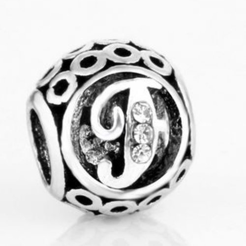 Perle ronde et strass alphabet 01 lettre f métal argenté 10 x 11 mm compatible européen style pandora
