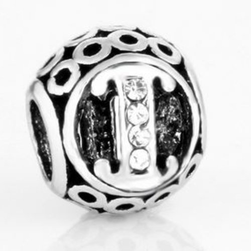 Perle ronde et strass alphabet 01 lettre i métal argenté 10 x 11 mm compatible européen style pandora