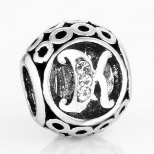 Perle ronde et strass alphabet 01 lettre k métal argenté 10 x 11 mm compatible européen style pandora