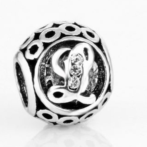 Perle ronde et strass alphabet 01 lettre l métal argenté 10 x 11 mm compatible européen style pandora