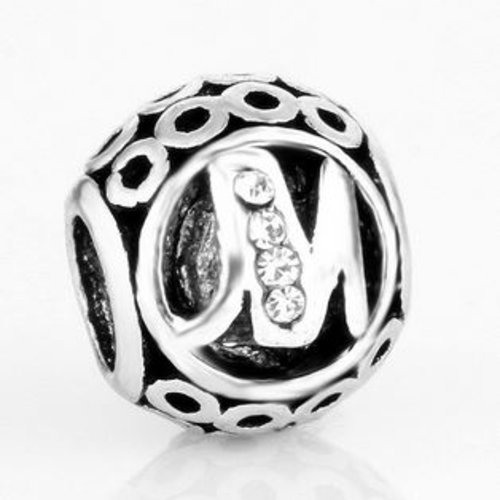 Perle ronde et strass alphabet 01 lettre m métal argenté 10 x 11 mm compatible européen style pandora