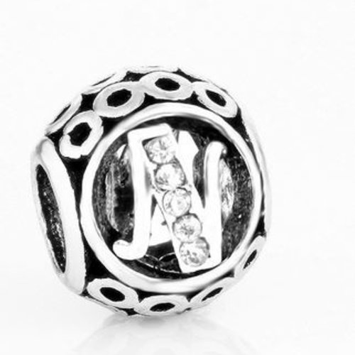 Perle ronde et strass alphabet 01 lettre n métal argenté 10 x 11 mm compatible européen style pandora