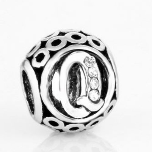 Perle ronde et strass alphabet 01 lettre q métal argenté 10 x 11 mm compatible européen style pandora