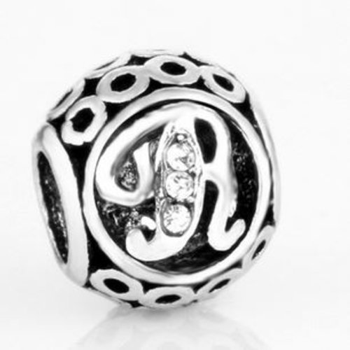 Perle ronde et strass alphabet 01 lettre r métal argenté 10 x 11 mm compatible européen style pandora