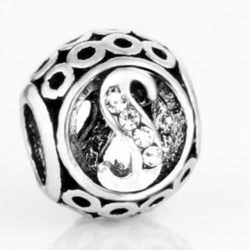 Perle ronde et strass alphabet 01 lettre s métal argenté 10 x 11 mm compatible européen style pandora
