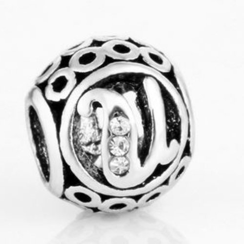Perle ronde et strass alphabet 01 lettre u métal argenté 10 x 11 mm compatible européen style pandora