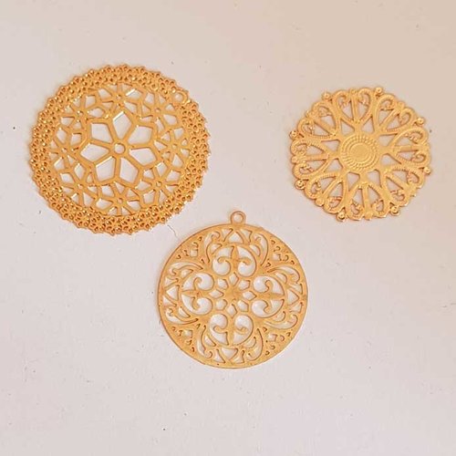 Lot n°10 3 estampes filigrane rondes 25 mm doré filigrane